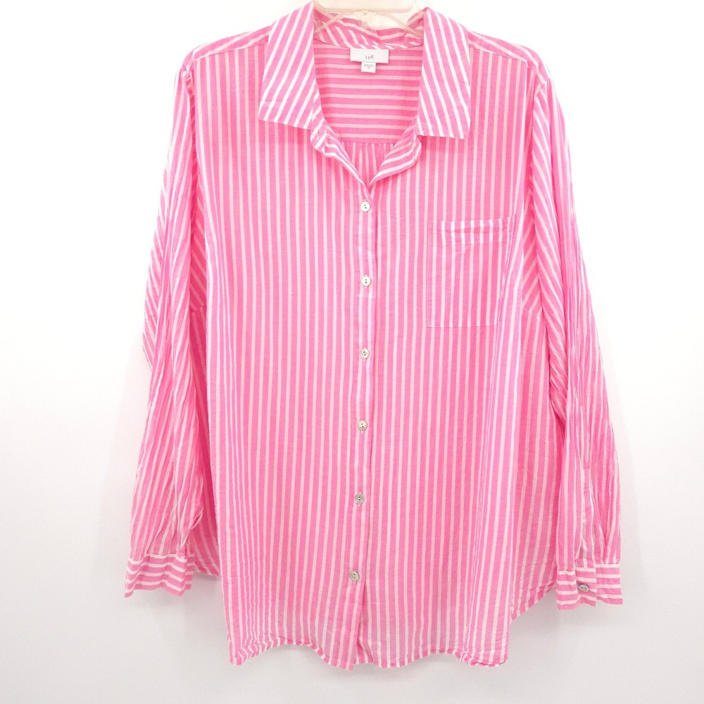 J. Jill Button Down Shirt Women 2X Pink Striped Long Sleeve Cotton Blouse